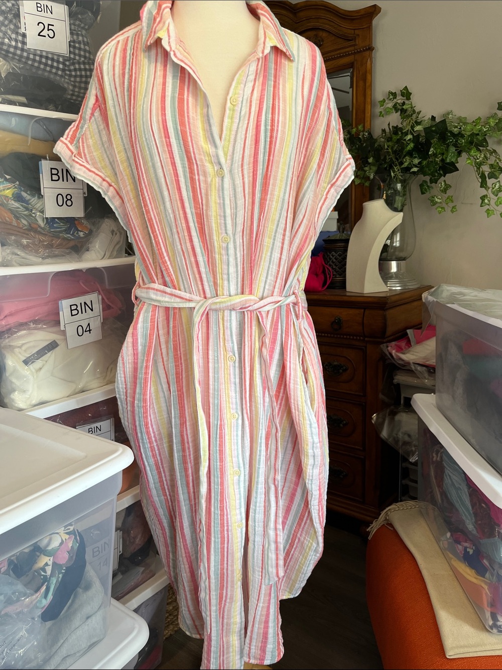 Style & Co. Pastel Striped Button-Front Midi Dress — Pink, Yellow, White